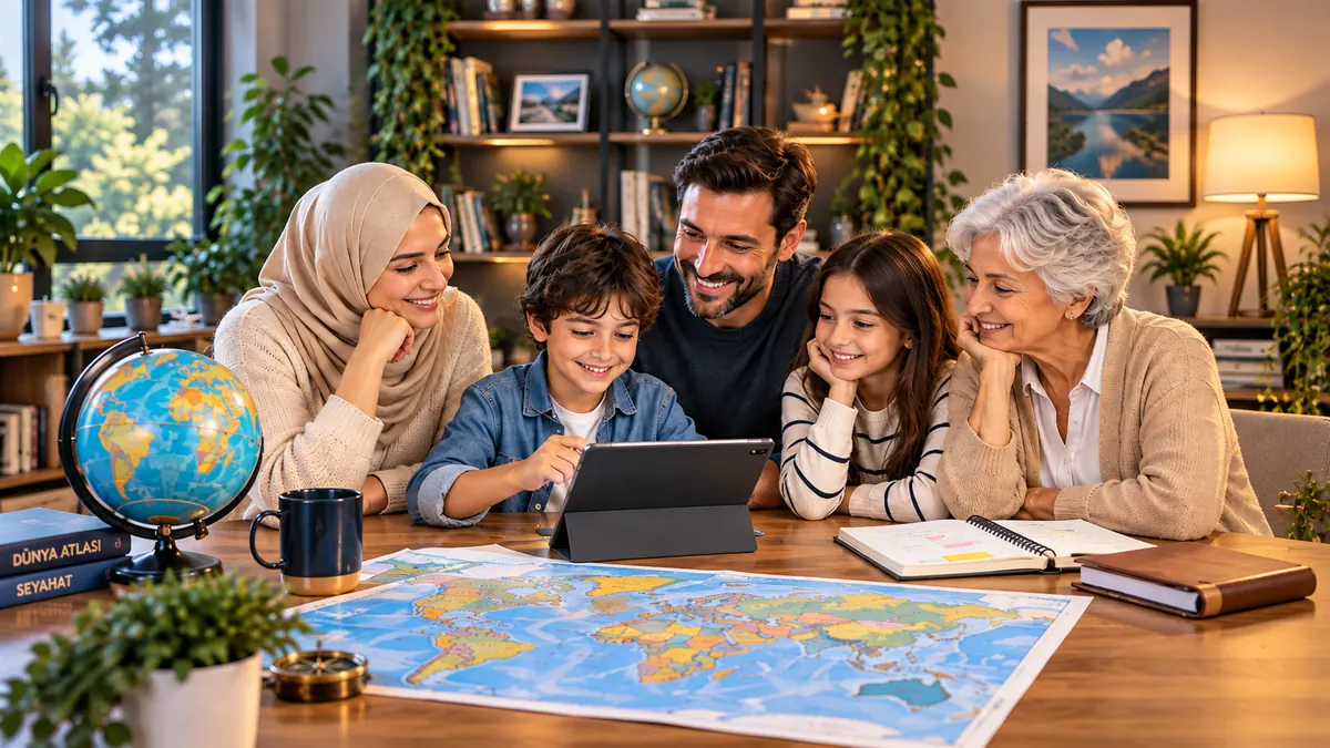 Üç kuşaktan bir aile masada tablet ve harita üzerinde birlikte plan yapıyor