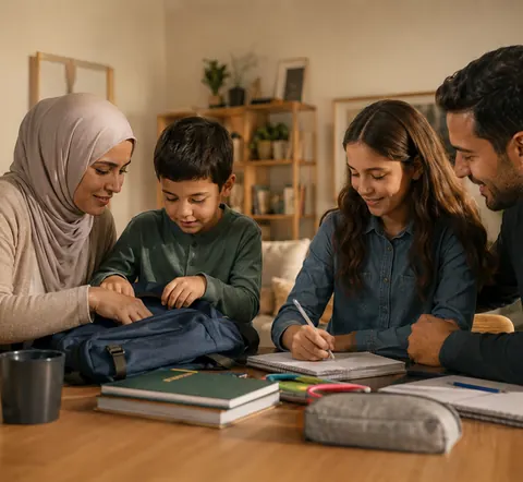 Aile masasında çocuklar kendi ödevlerini yapıyor