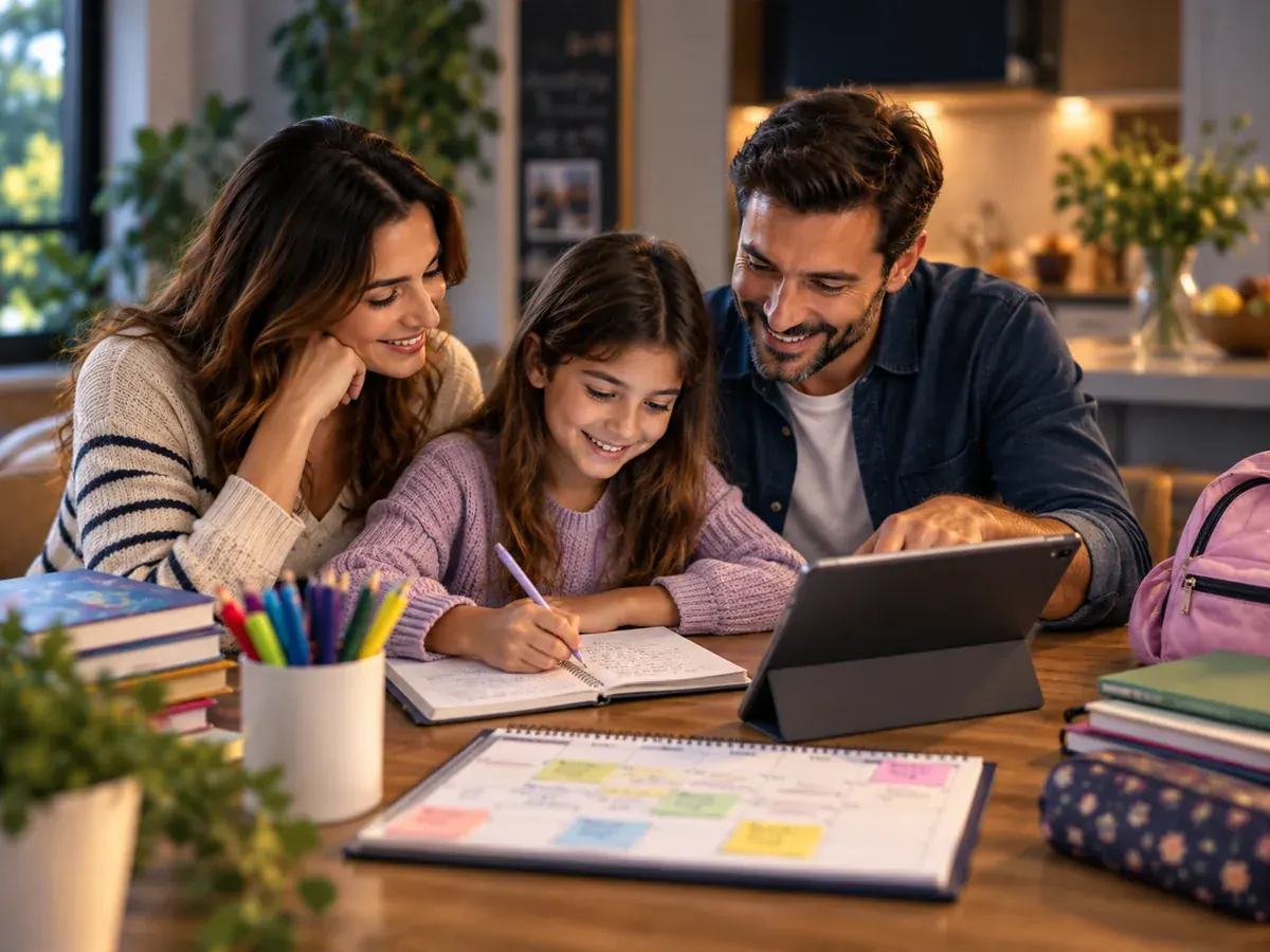 Anne, baba ve kızı okul haftasını birlikte planlıyor