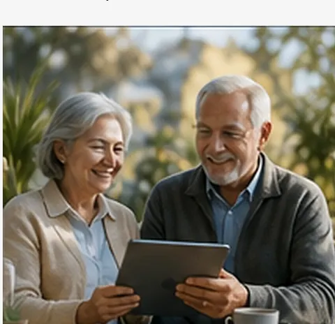 Tablet başında sohbet eden yaşlı bir çift