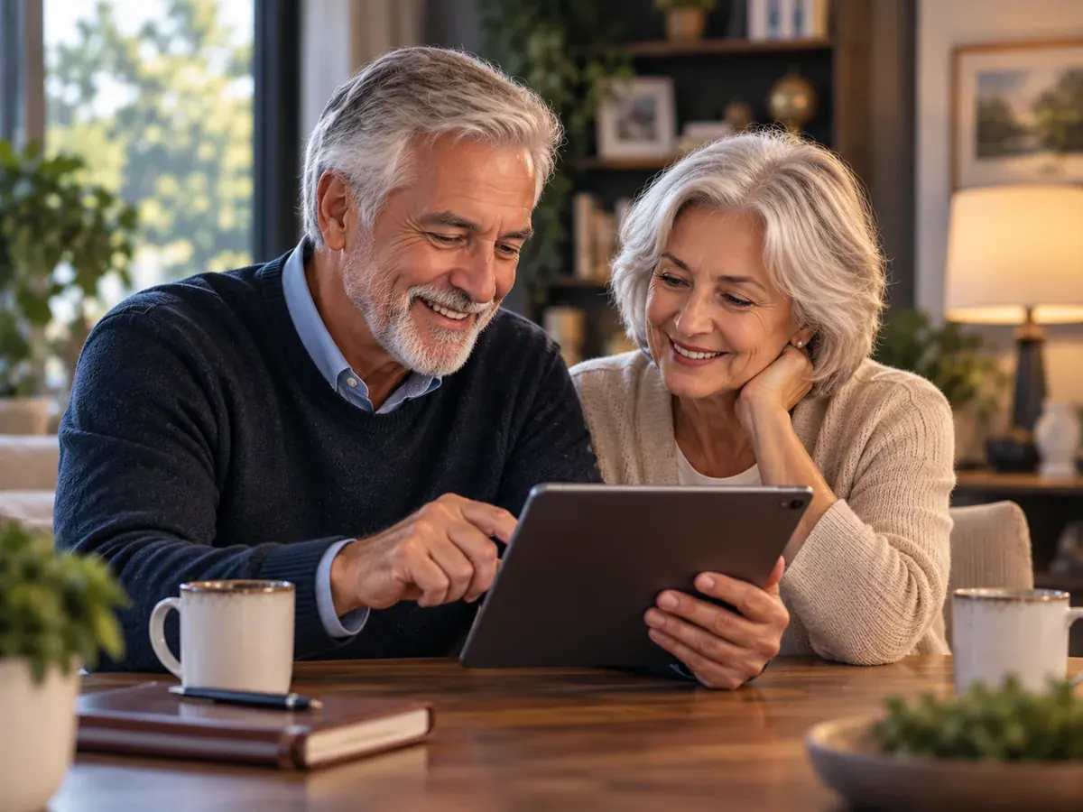 Evde birlikte tablet kullanan yaşlı bir çift